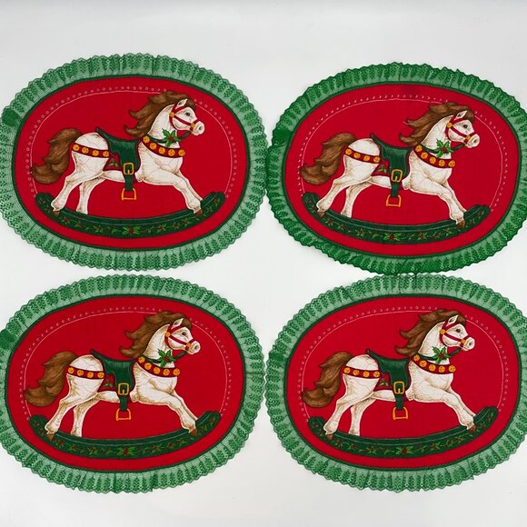 Vintage Christmas‎ Placemats Rocking Horses Set of Four Red Green Lace Holiday - Picture 2 of 14